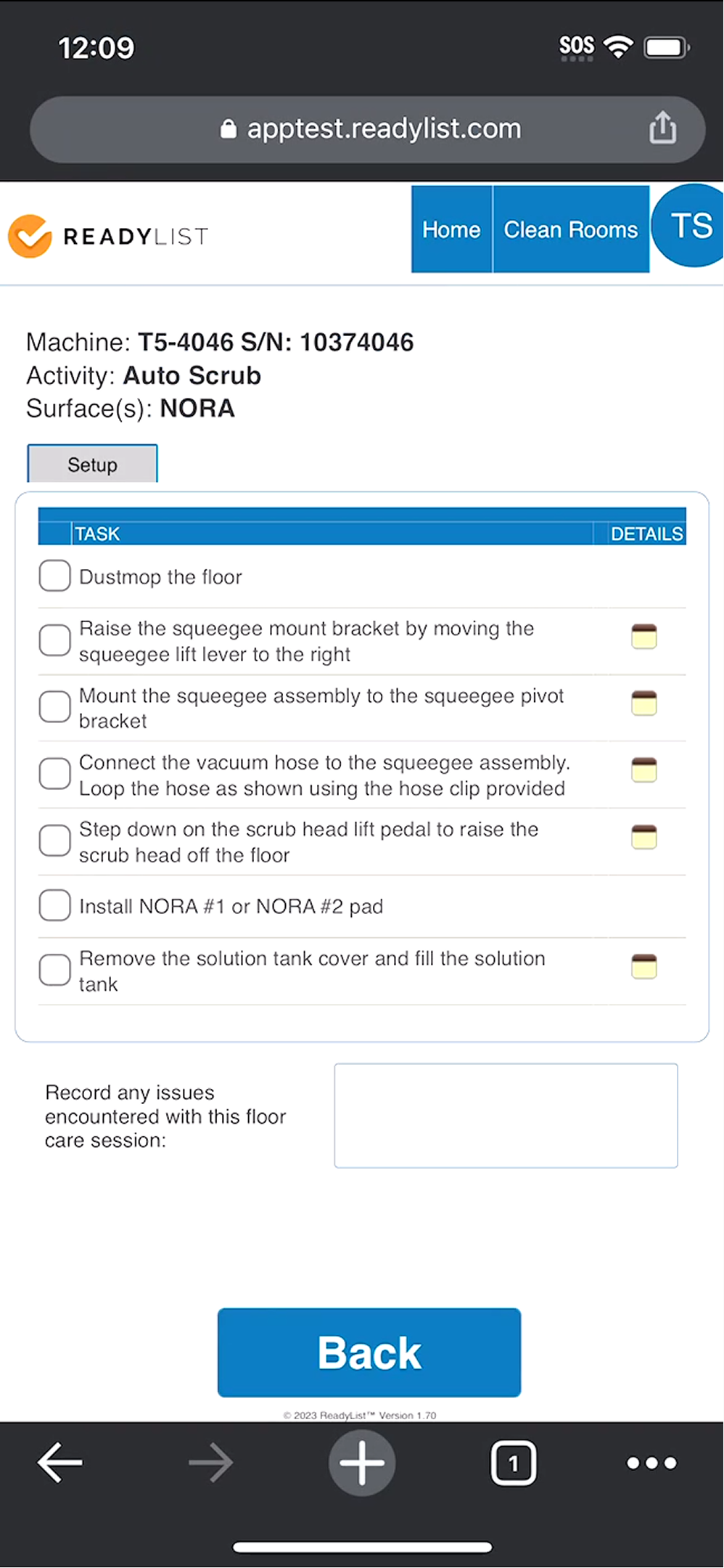 Screenshot of digital checklist