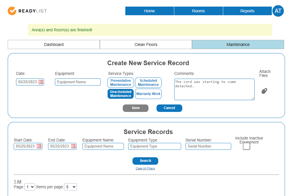 Create New Service Record form -Screenshot from the ReadyList floor care module
